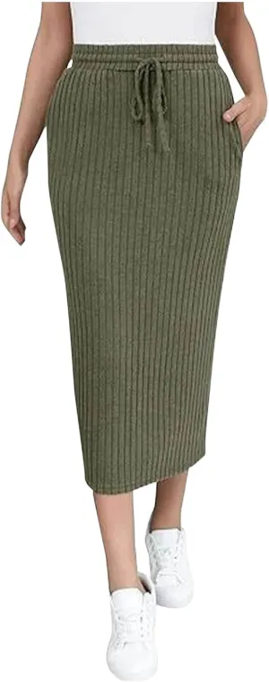 Women's Knitting Bodycon Midi Skirt Solid Color Sexy Fashion Business Split Skirts Casual Knee Length Pencil Skirt