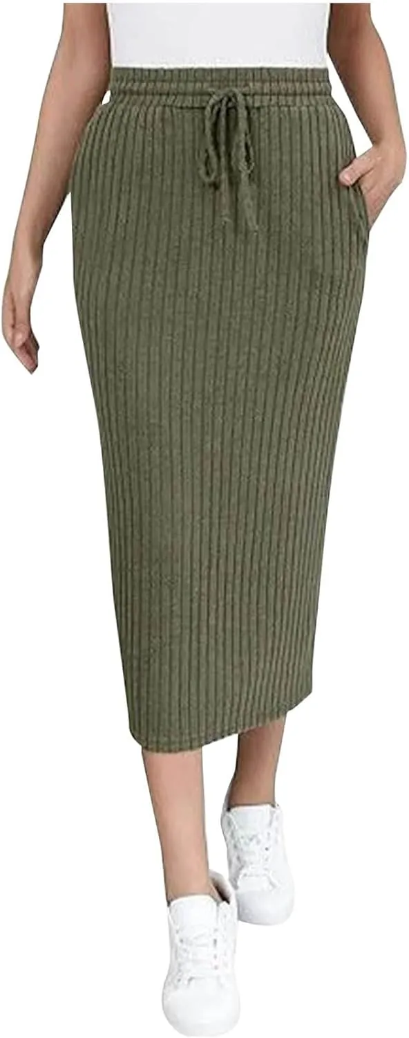 Women's Knitting Bodycon Midi Skirt Solid Color Sexy Fashion Business Split Skirts Casual Knee Length Pencil Skirt