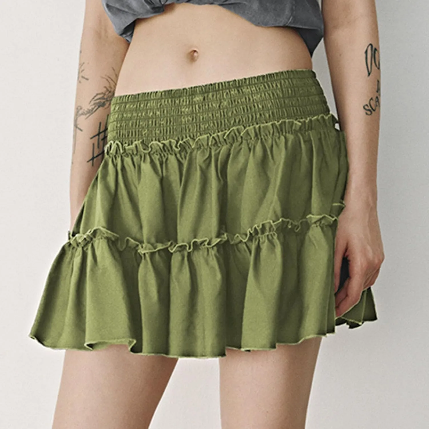 Women's Pleated Skater Skirt High Waisted Layered Ruffles Flared Mini Short Skirts Summer Beach Vacation Skirts