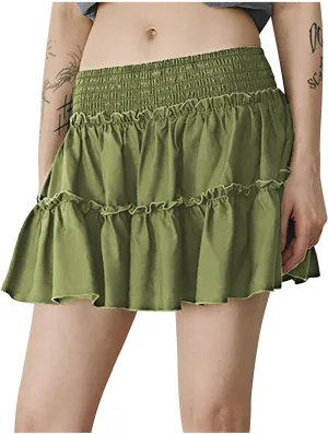 Women's Pleated Skater Skirt High Waisted Layered Ruffles Flared Mini Short Skirts Summer Beach Vacation Skirts