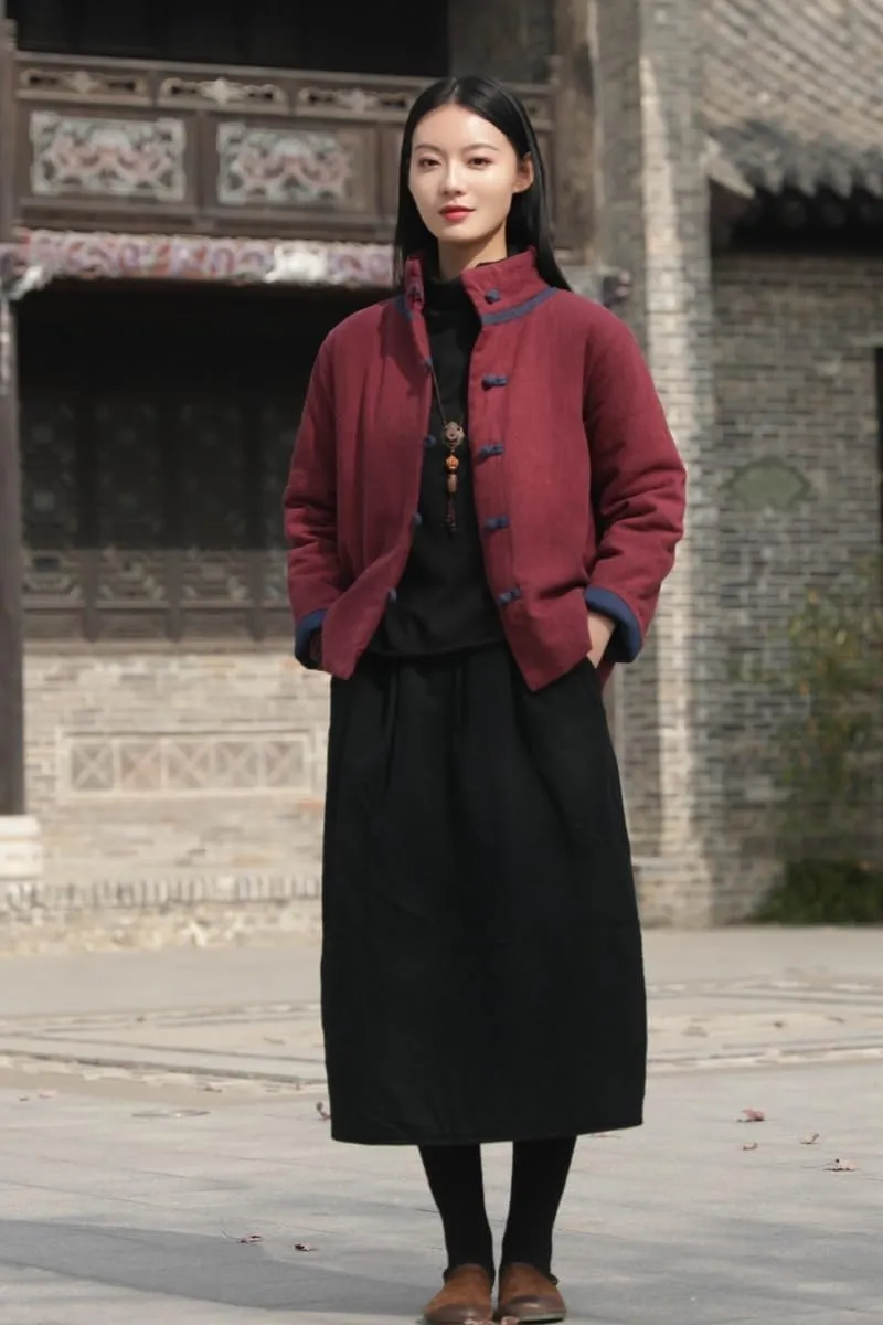 Women's Quilted Lightweight Jacket Chinese Style Tang Suit Cotton Linen Padded Coat with Pockets Thick Outwear