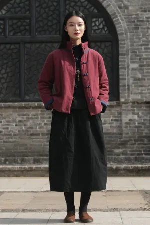 Women's Quilted Lightweight Jacket Chinese Style Tang Suit Cotton Linen Padded Coat with Pockets Thick Outwear