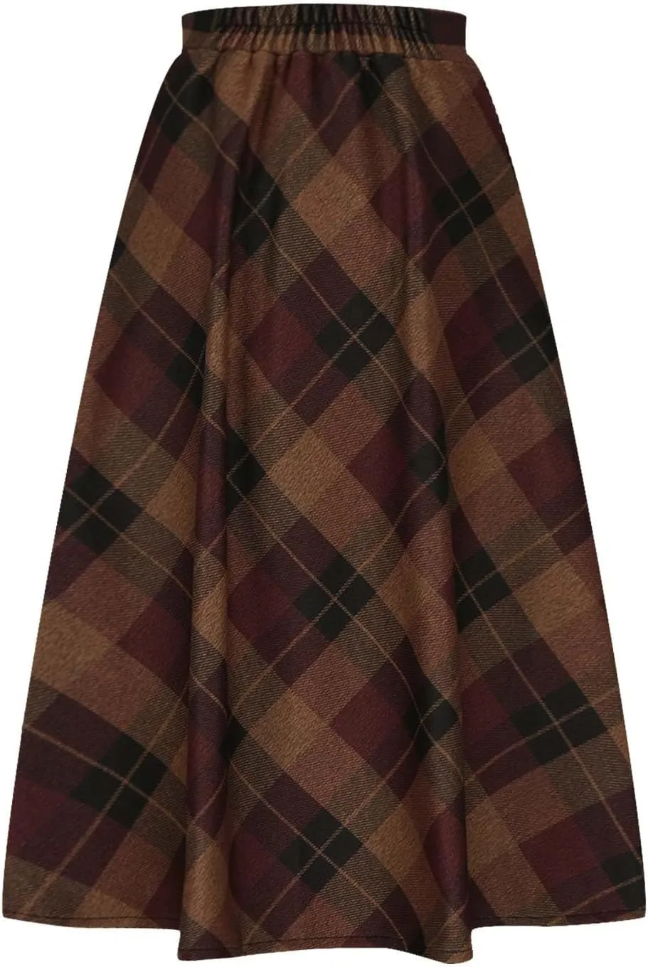 Women's Winter Wool Plaid Skirt Casual Vintage Pleated A-Line Long Midi Skirts Elastic High Waist Tea Length Tartan