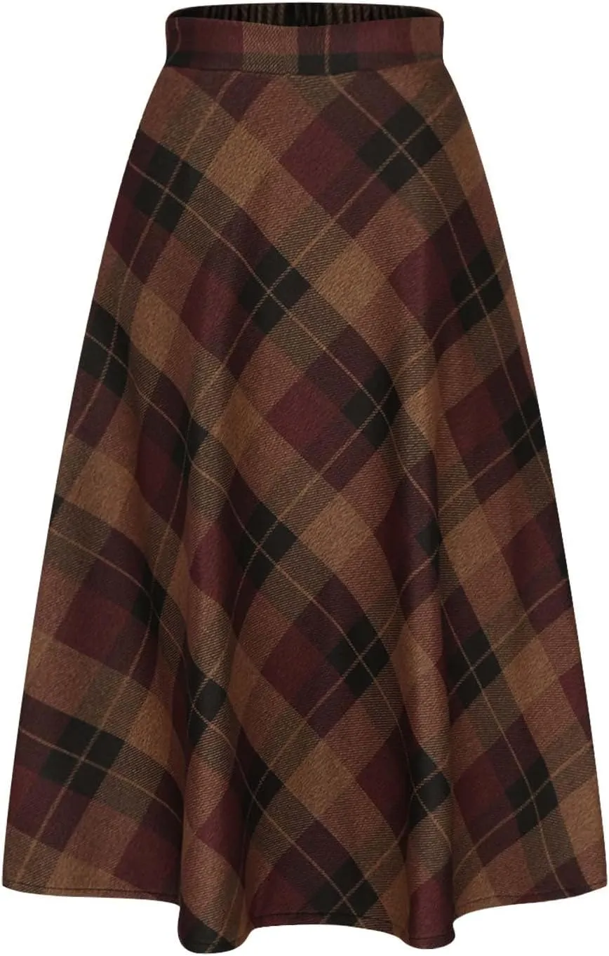 Women's Winter Wool Plaid Skirt Casual Vintage Pleated A-Line Long Midi Skirts Elastic High Waist Tea Length Tartan