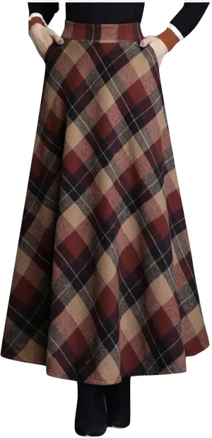 Women's Winter Wool Plaid Skirt Casual Vintage Pleated A-Line Long Midi Skirts Elastic High Waist Tea Length Tartan