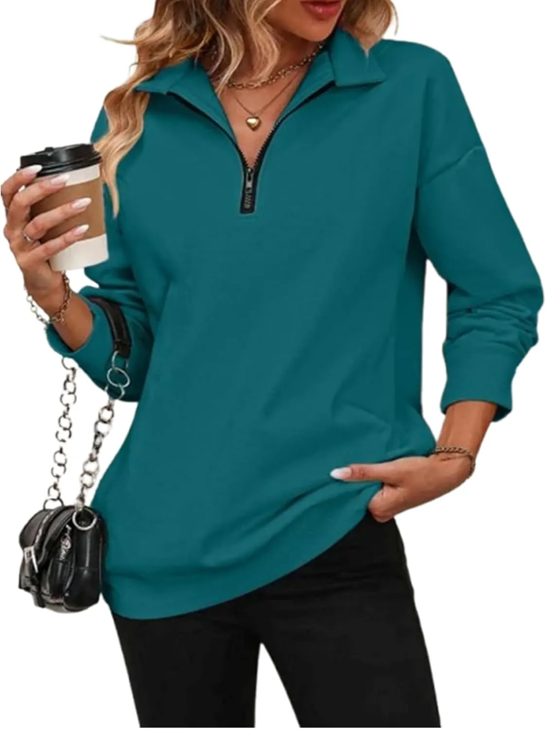 Womens Zip-Up Dropped Shoulder Sweatshirt 2025 Fall Winter Long Sleeve Half Zip Pullover Women Oversized Hoodie