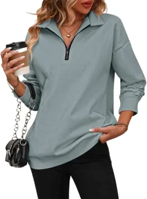 Womens Zip-Up Dropped Shoulder Sweatshirt 2025 Fall Winter Long Sleeve Half Zip Pullover Women Oversized Hoodie