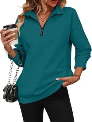 Womens Zip-Up Dropped Shoulder Sweatshirt 2025 Fall Winter Long Sleeve Half Zip Pullover Women Oversized Hoodie