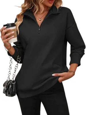 Womens Zip-Up Dropped Shoulder Sweatshirt 2025 Fall Winter Long Sleeve Half Zip Pullover Women Oversized Hoodie