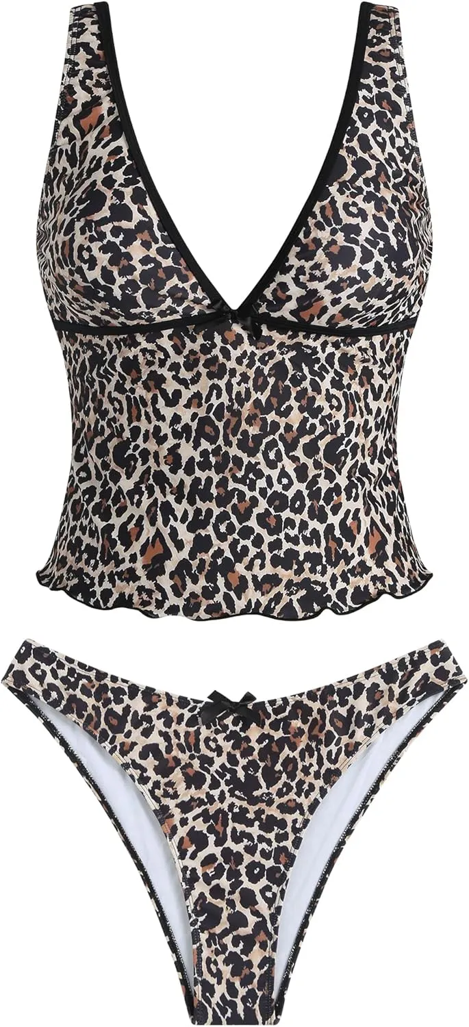 ZAFUL Women's Tankini Swimsuits V Neck Tummy Control Bow Color Block Two Piece Swimsuit Bathing Suit